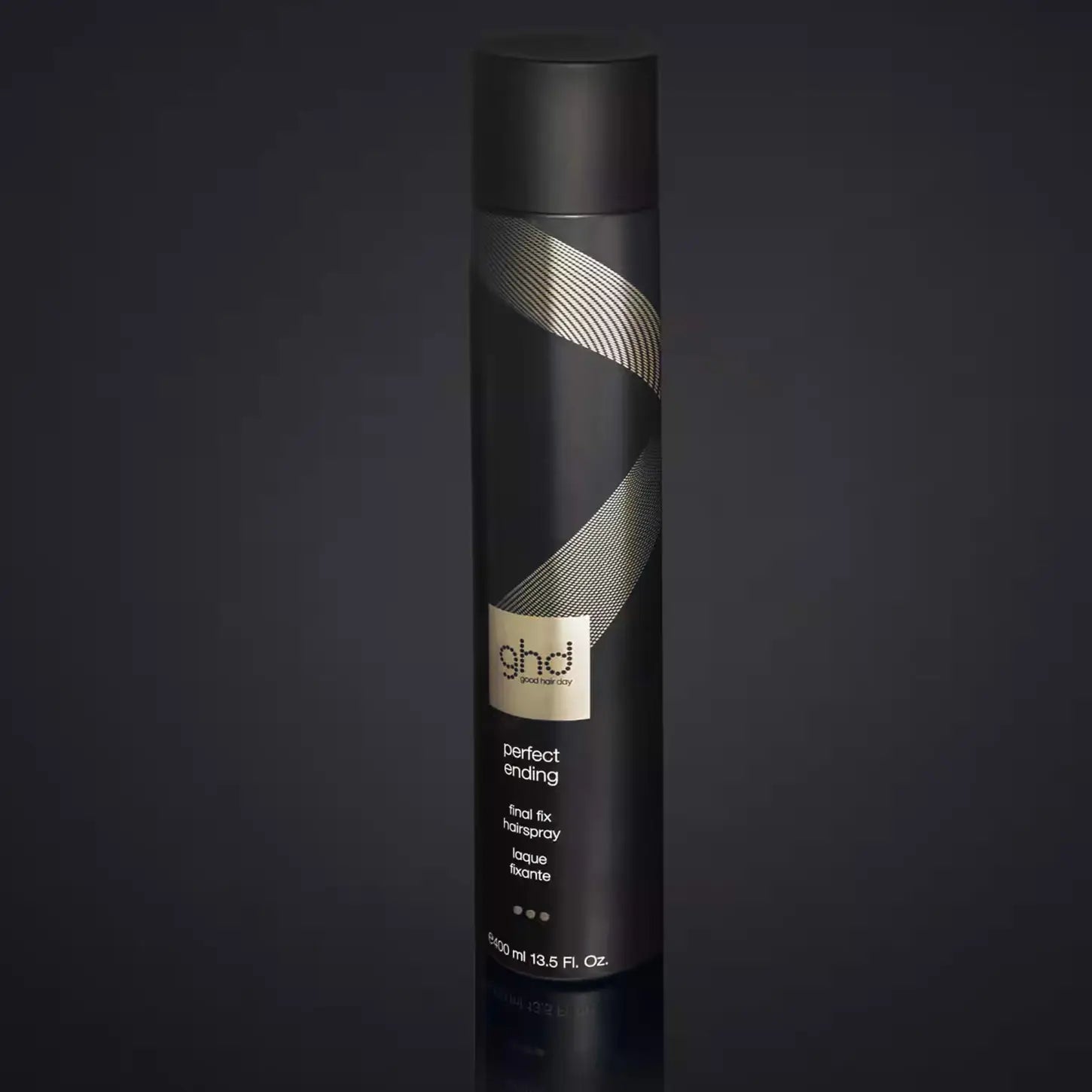Sleek black ghd Perfect Ending Final Fix Hairspray 400ml canister with metallic stripes