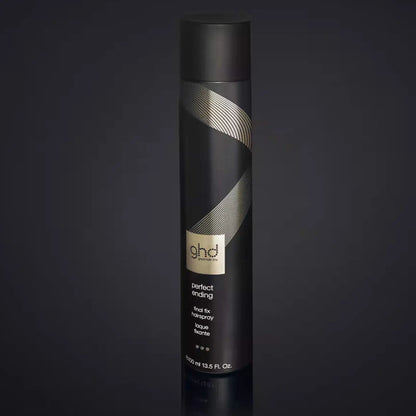 Sleek black ghd Perfect Ending Final Fix Hairspray 400ml canister with metallic stripes
