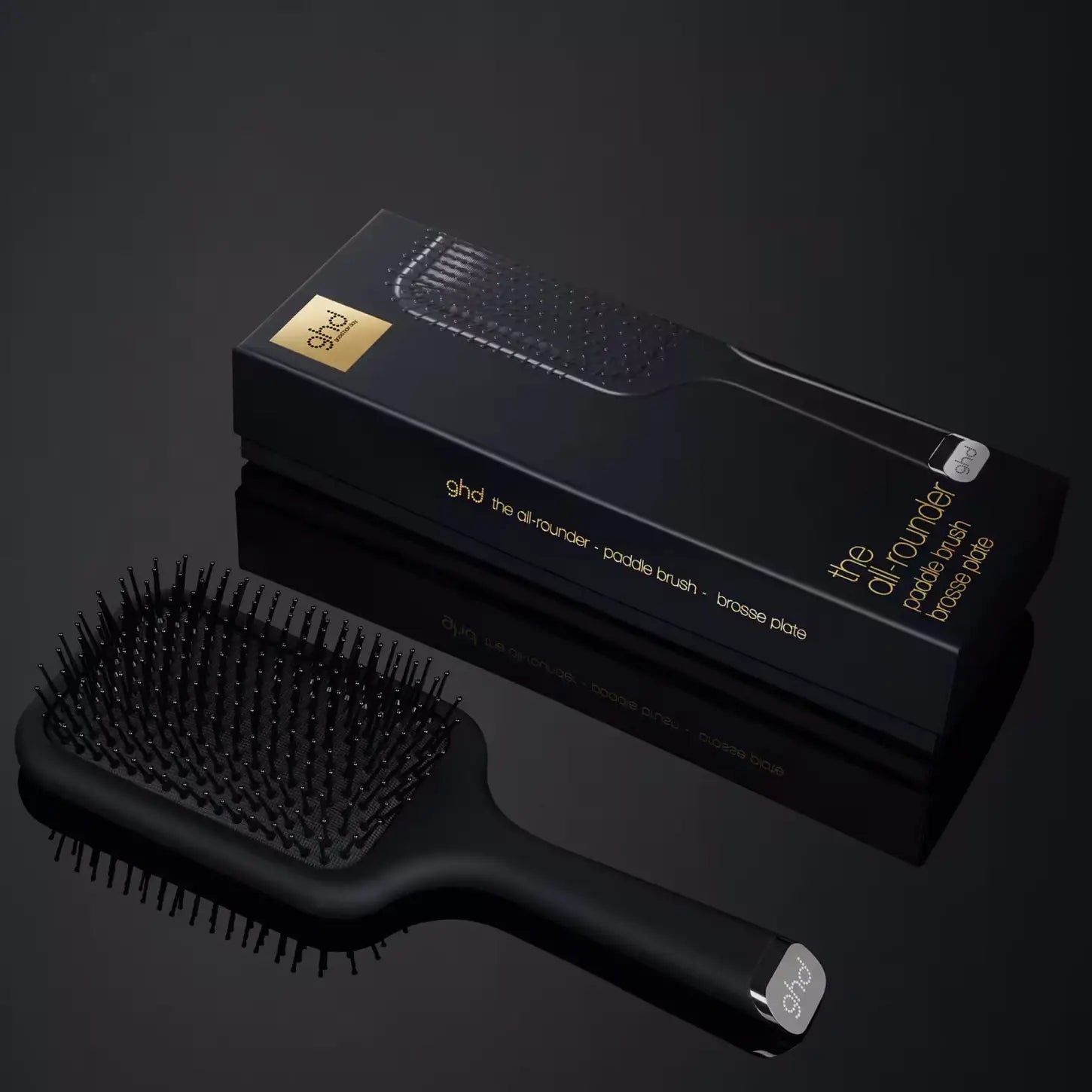 GHD The All-Rounder Paddle Brush: Black professional hair brush for detangling & smoothing. ghd logo, styling tool & box.