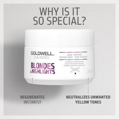 Goldwell Dualsenses Blondes & Highlights Anti-Yellow 60sec Treatment 6.8oz, 200mL neutralizes yellow tones for vibrant blonde.