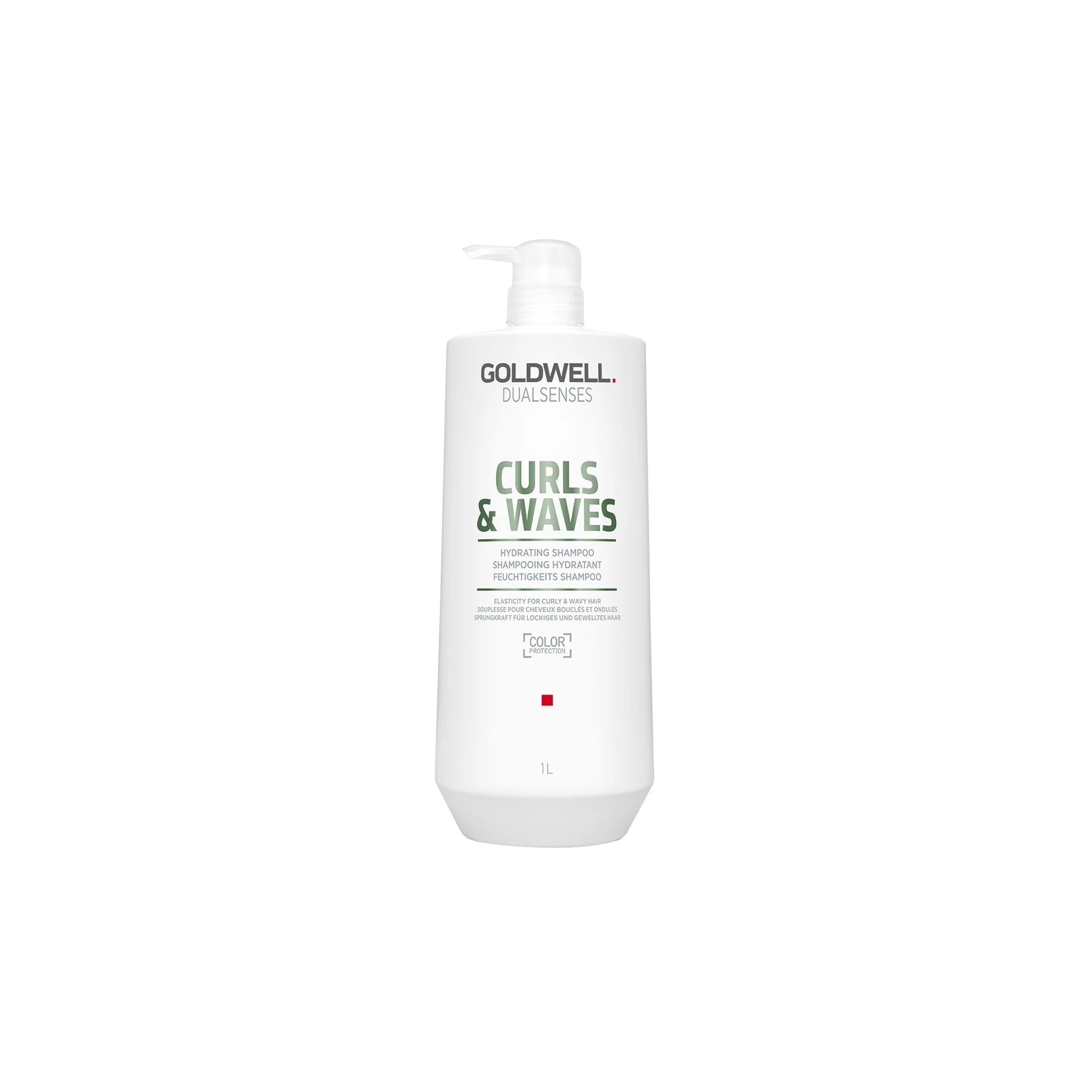 White bottle of Goldwell Dualsenses Curls & Waves Hydrating Shampoo with pump dispenser