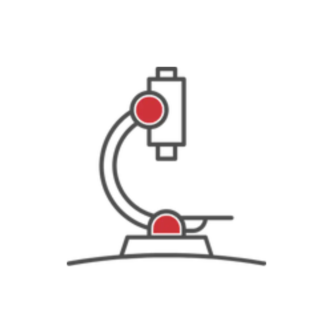Gray microscope with red accents.