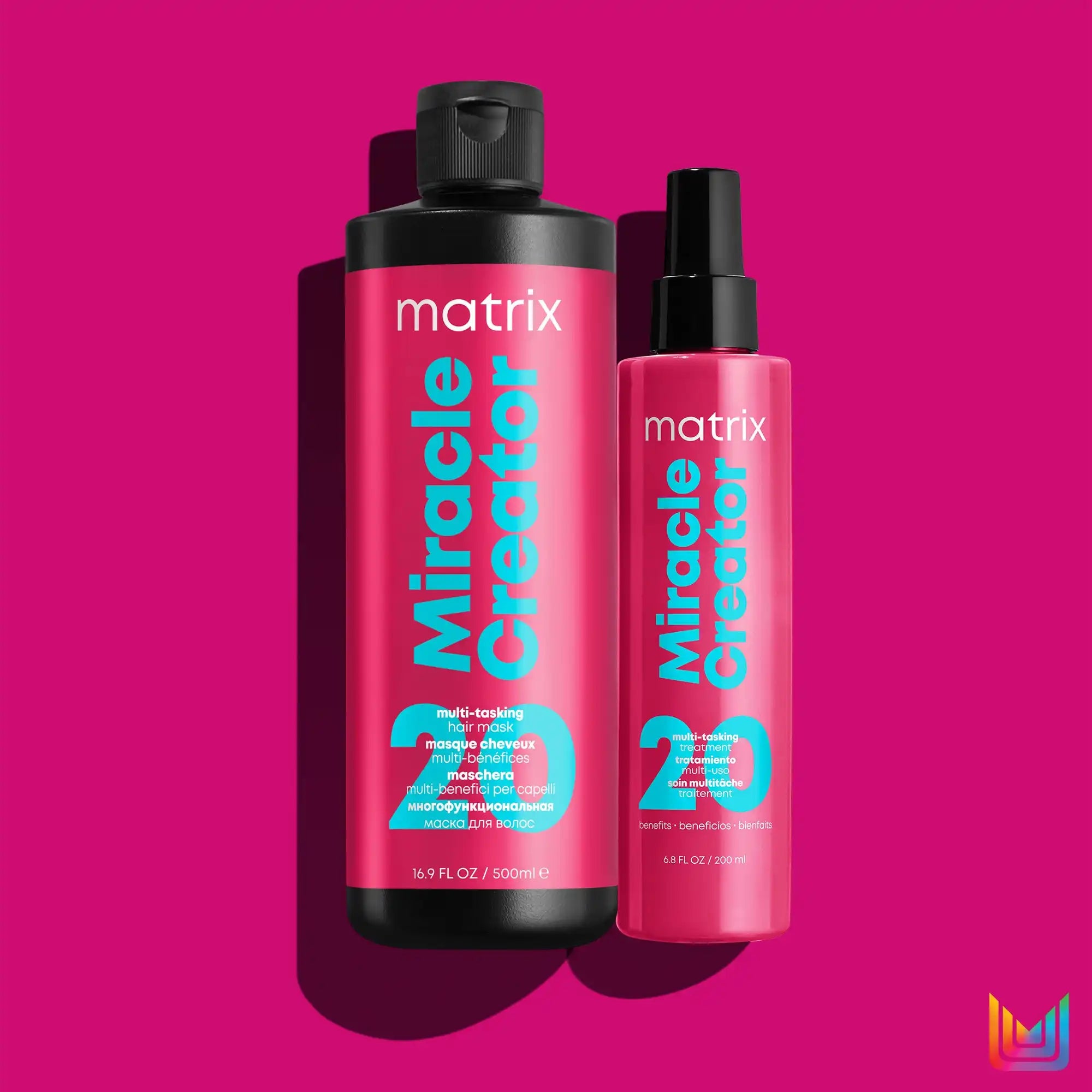 Hair care products from the Matrix Miracle Creator 20 line, featuring a shampoo bottle and a smaller spray bottle.