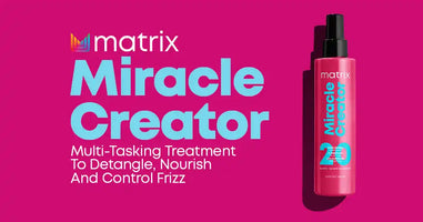 Hair product bottle with pink and blue design featuring the text ’Matrix Miracle Creator’.