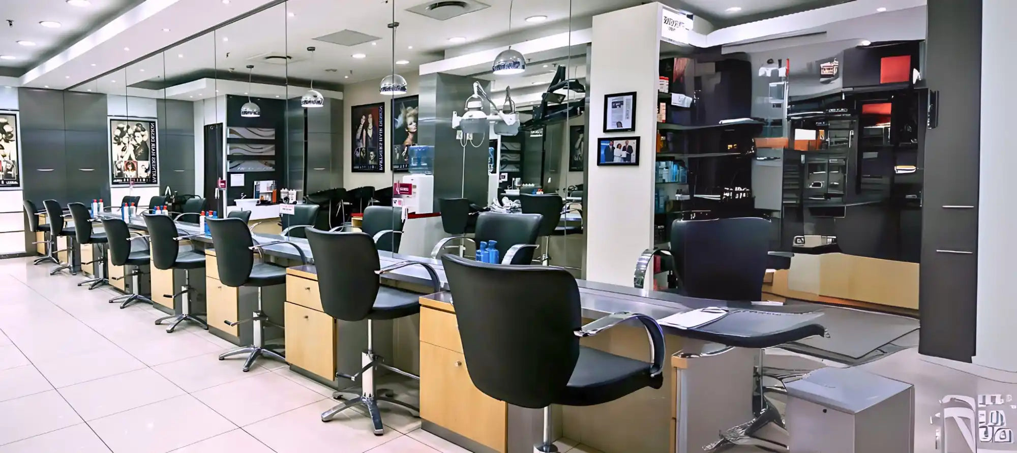 Hair salon with multiple styling stations and mirrors.