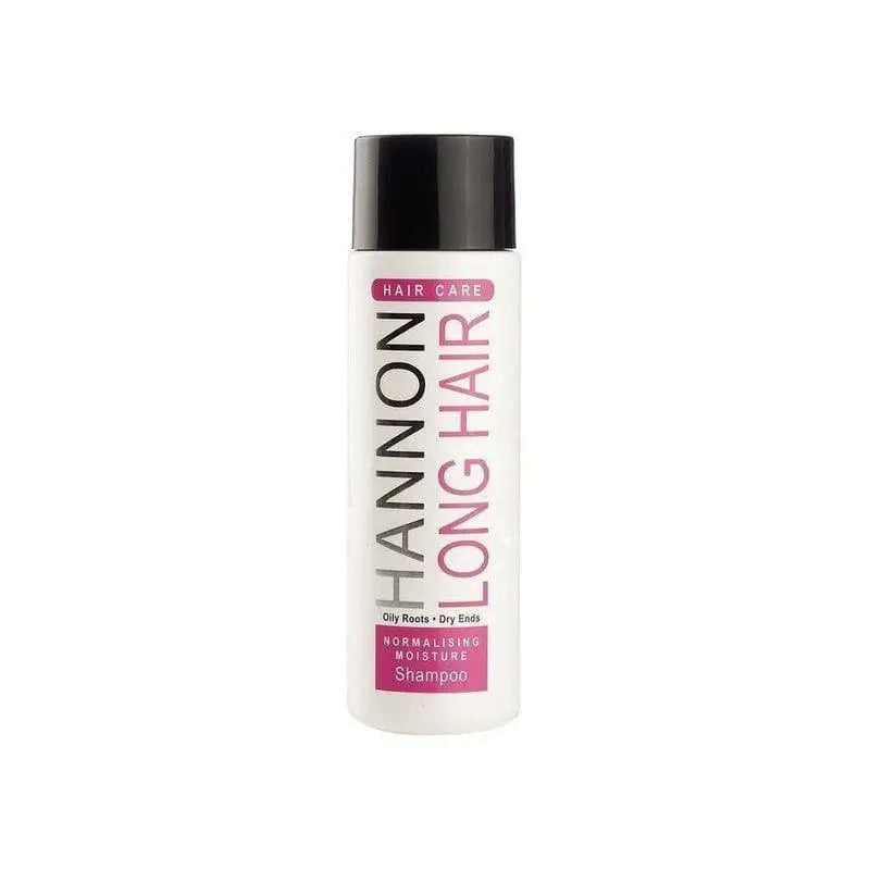 Bottle of Hannon Long Hair shampoo with pink and white labeling.