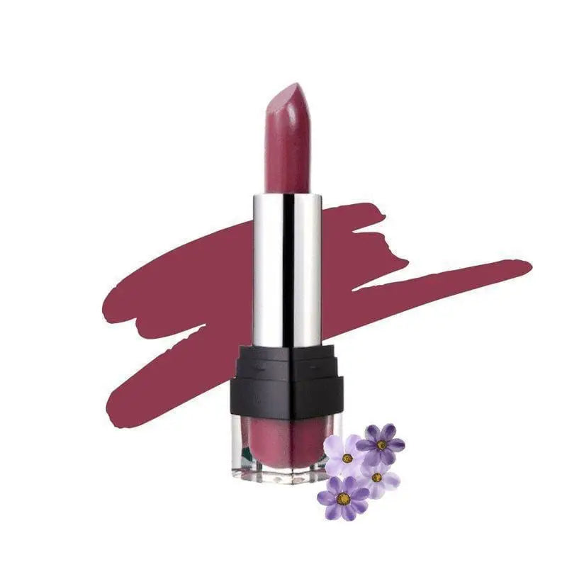 Mauve lipstick with silver tube and black base, accompanied by purple flowers.