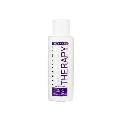 White bottle of Therapy hair care product with purple text.