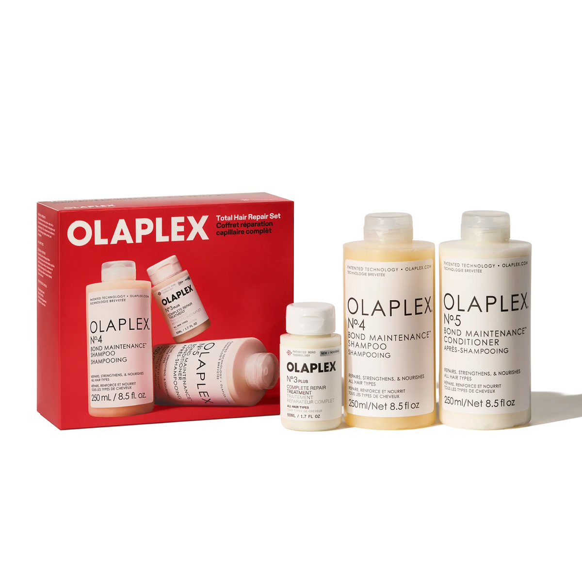 Olaplex Total Hair Repair Set holiday box with No.3 PLUS treatment, No.4 shampoo and No.5 conditioner