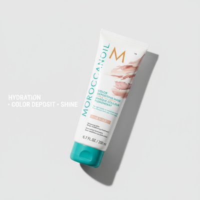 Moroccanoil Color Deposit Mask Rose Gold - Angled with benefits