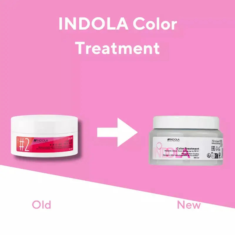 Indola Color Treatment: Old vs New Packaging. Professional hair care for vibrant color & healthy hair.