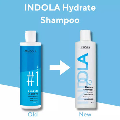 Indola Hydrate Shampoo: Old vs New Packaging, 300ml. Hydrating hair care for dry hair.