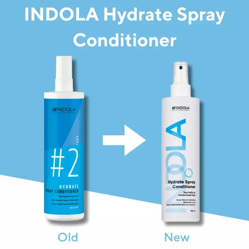 Indola Hydrate Spray Conditioner: Old vs New Packaging. Compare the updated look of this hydrating hair care spray.