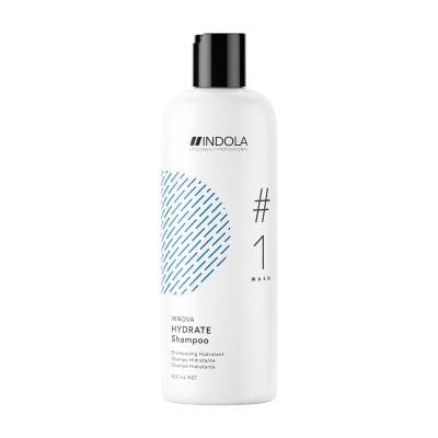 Indola Innova Hydrate Shampoo 300ml with white bottle and blue geometric design