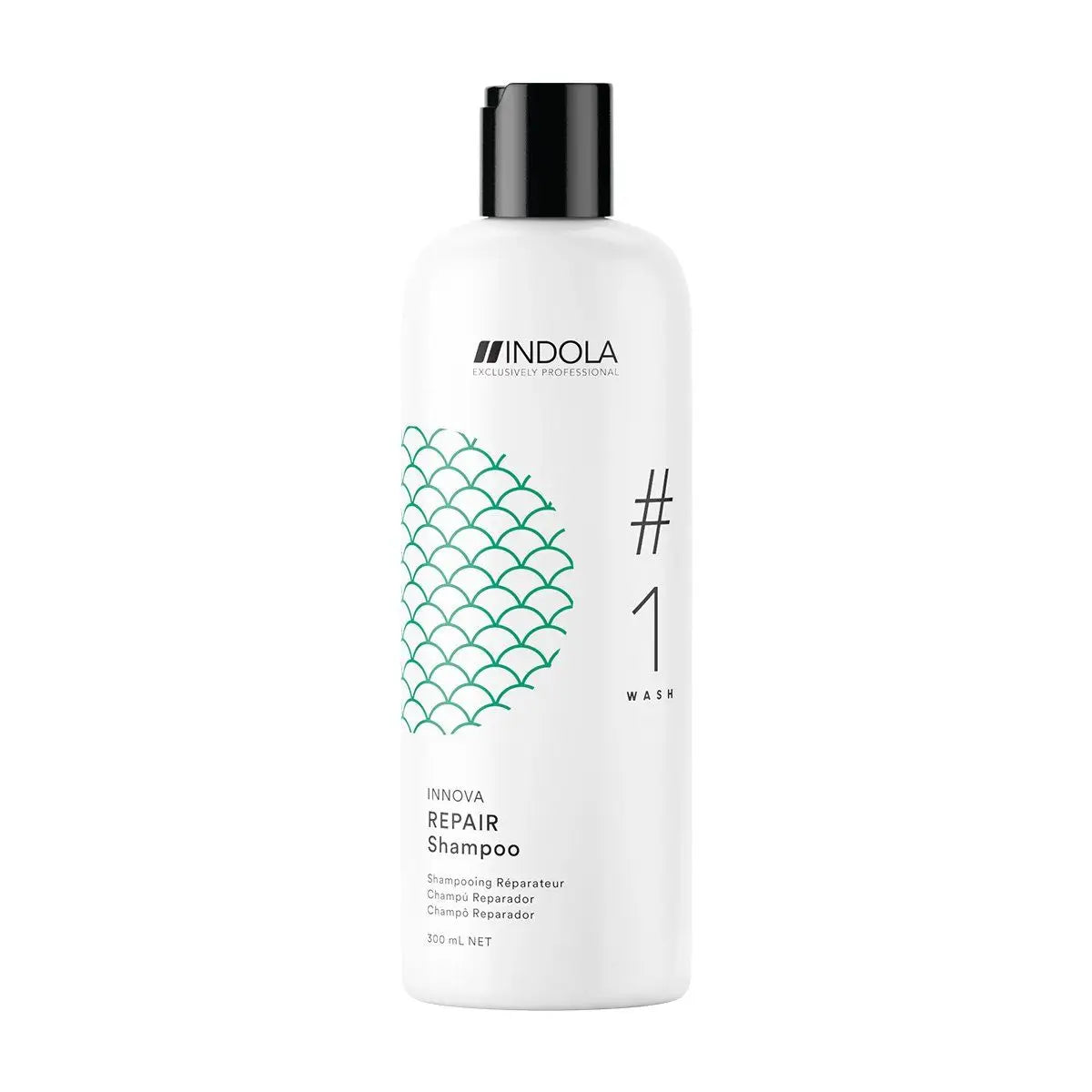 Indola Innova Repair Shampoo 300ml: White bottle with teal scallop label for damaged hair care