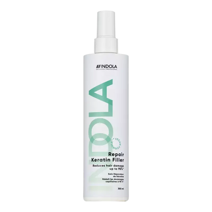 Indola Repair Keratin Filler: Intensive hair repair for damaged hair, 300ml spray bottle.