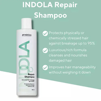 Indola Repair Shampoo for Damaged Hair: Strengthens and Restores. View the bottle and key benefits now!