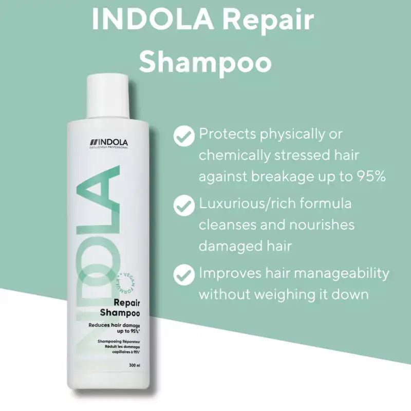 Indola Repair Shampoo for Damaged Hair: Strengthens and Restores. View the bottle and key benefits now!