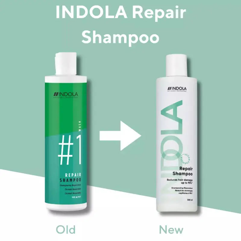 Indola Repair Shampoo: Old vs New Packaging. Compare the green bottle to the updated white design.