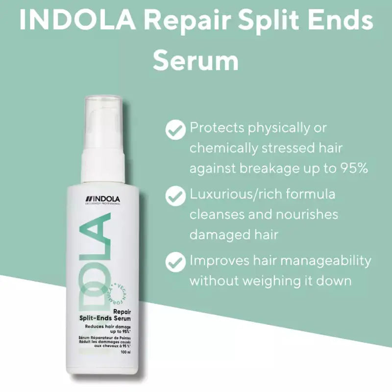 Indola Repair Split Ends Serum bottle. Hair care for breakage and damage protection. Vegan formula for healthier hair.