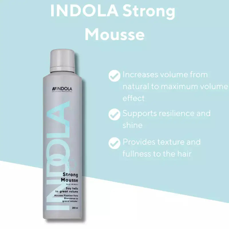 Indola Strong Mousse: Professional hair styling mousse for volume & strong hold. Hair care product.