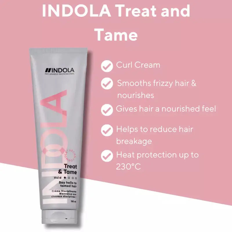 Indola Treat & Tame Curl Cream: Smooths Frizz, Nourishes, Heat Protection. Professional hair care for defined, healthy curls.