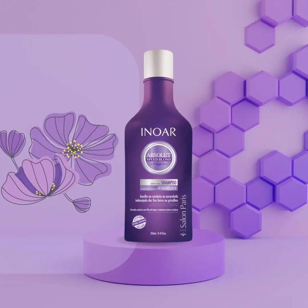 Inoar Absolut Speed Blond Shampoo 250Ml bottle on a vibrant purple background