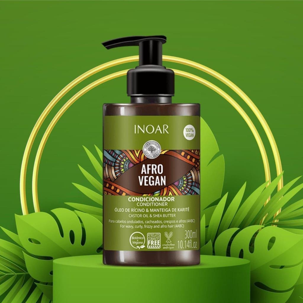 Inoar Afro Vegan Conditioner 300ml bottle with pump on a green background