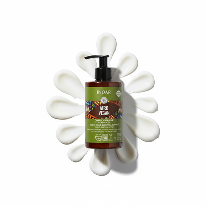 Inoar Afro Vegan Conditioner bottle with lotion texture spread in a flower shape on white background