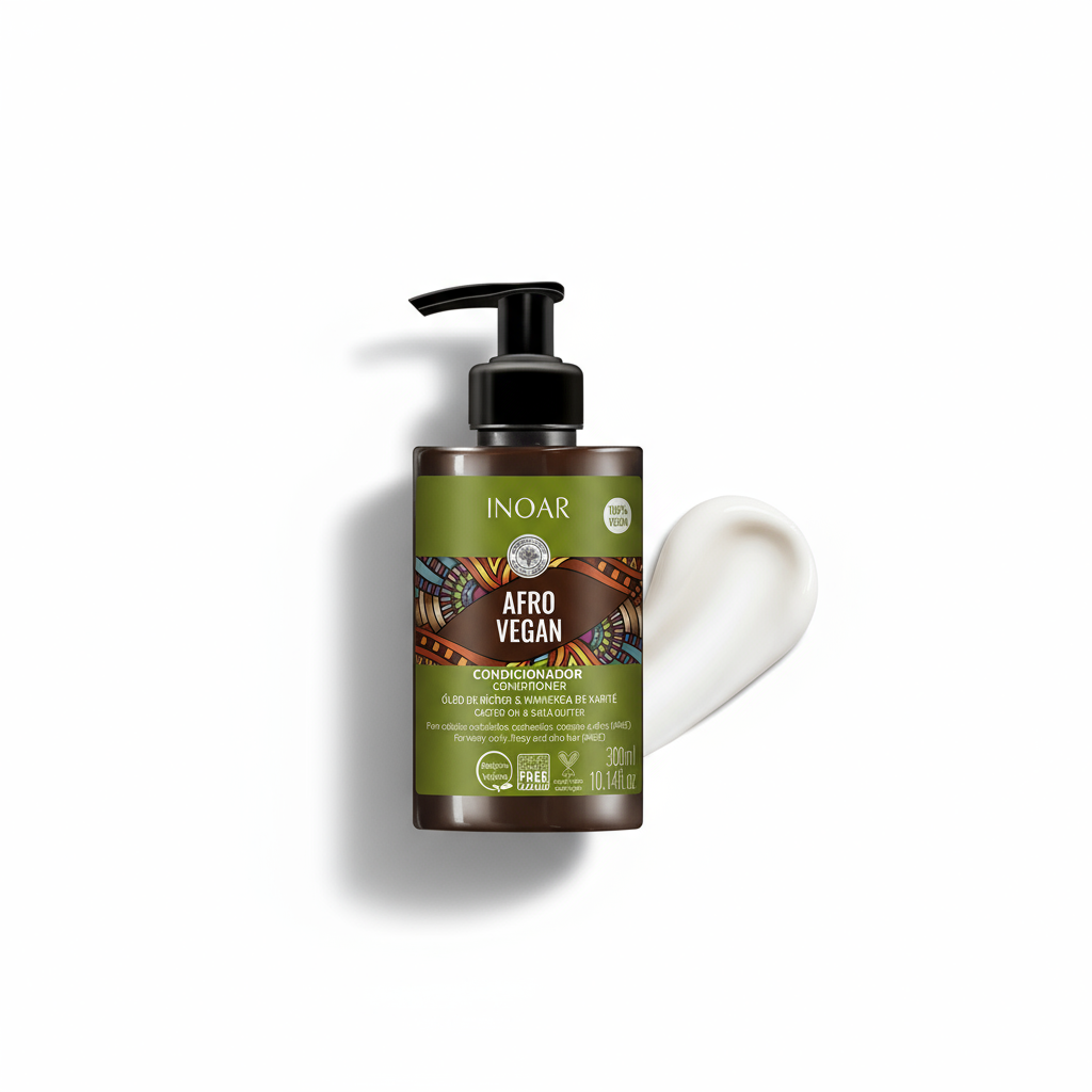 Inoar Afro Vegan Conditioner bottle with pump and creamy conditioner texture on white background