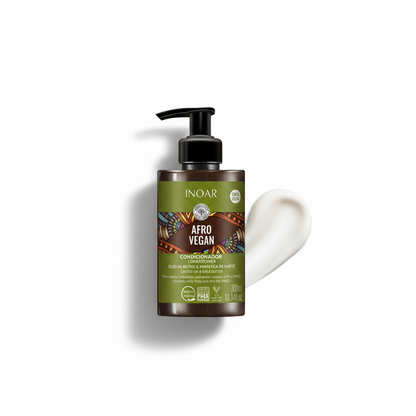 Inoar Afro Vegan Conditioner bottle with pump and creamy conditioner texture on white background