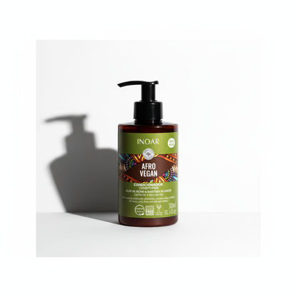 Inoar Afro Vegan Conditioner bottle with pump dispenser and colorful label on white background
