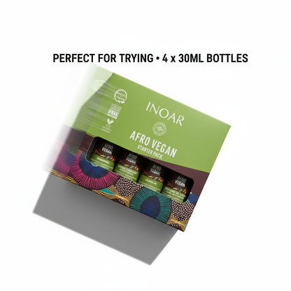 Inoar Afro Vegan hair care set starter pack with four 30ml bottles in colorful packaging