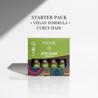 Inoar Afro Vegan hair care set starter pack with vegan formula for curly hair in green and colorful packaging