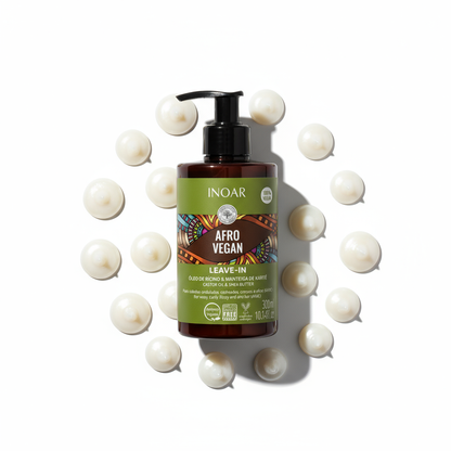 Inoar Afro vegan leave-in treatment for curly hair bottle with pump surrounded by cream dots