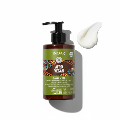 Inoar Afro vegan leave-in treatment for curly hair in pump bottle with cream sample