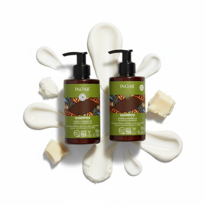 Inoar Afro Vegan shampoo and conditioner bundle with nourishing natural ingredients and vibrant label design