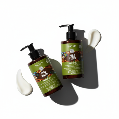 Inoar Afro Vegan shampoo and conditioner bundle with green labels and pump bottles for hair care