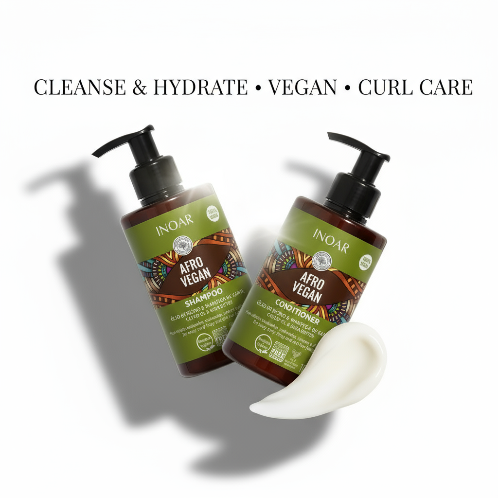 Inoar Afro Vegan shampoo and conditioner bundle with pump bottles for curl care and hydration