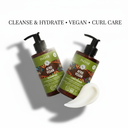 Inoar Afro Vegan shampoo and conditioner bundle with pump bottles for curl care and hydration