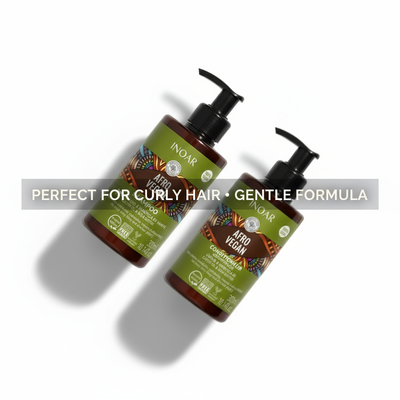 Inoar Afro Vegan shampoo and conditioner bundle with pump bottles for curly hair care