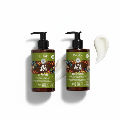 Inoar Afro Vegan shampoo and conditioner bundle with natural ingredients in brown and green bottles