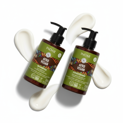 Inoar Afro Vegan shampoo and conditioner bundle with pump bottles and creamy texture on white background