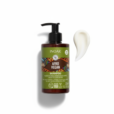 Inoar afro vegan shampoo for curls with castor oil and shea butter in a pump bottle and cream texture