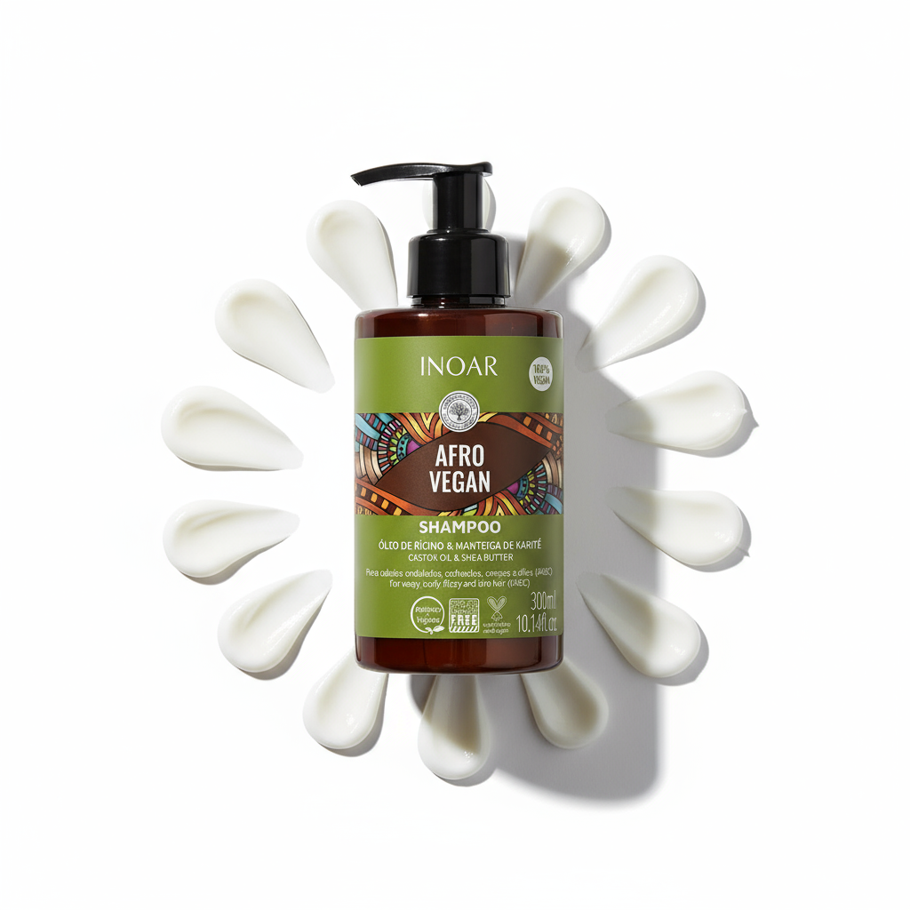 Inoar afro vegan shampoo for curls bottle with cream swirls on white background