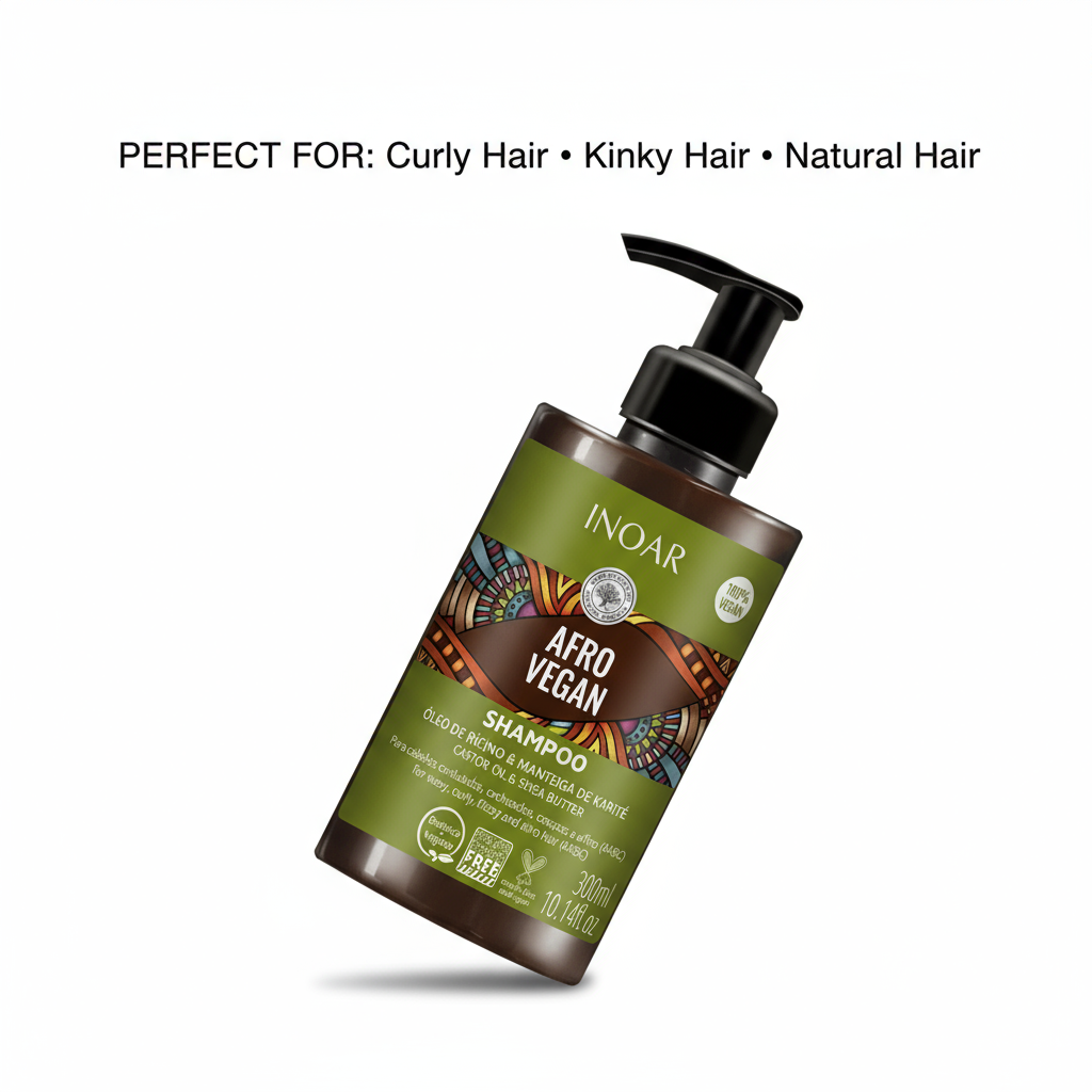 Inoar Afro vegan shampoo for curls in a brown pump bottle perfect for curly kinky natural hair