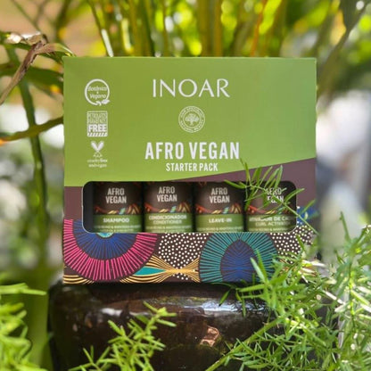 Inoar Afro Vegan Starter Pack 4x 30ml Hair Care Set in Green Box with African-Inspired Designs