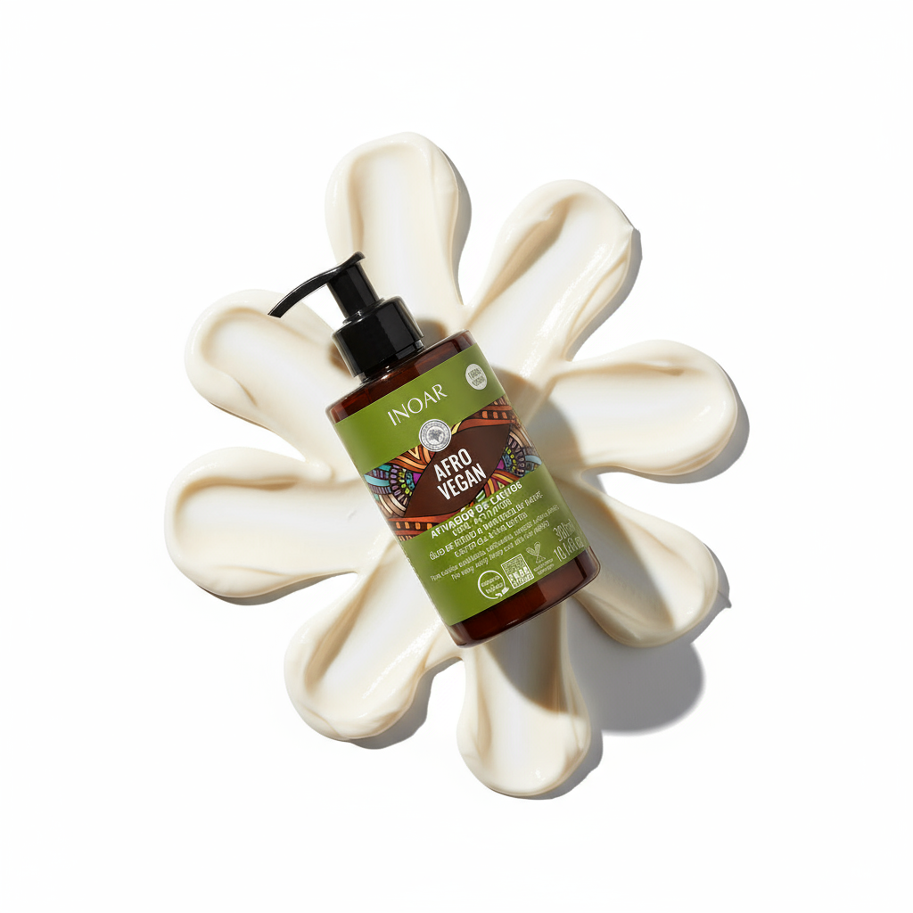 Inoar Afro Vegan sulfate-free curl cream South Africa with dispenser on white cream background