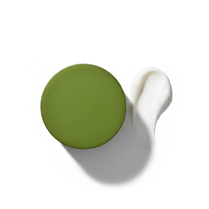 Top view of Inoar Argan Moisture Mask with green lid and creamy white texture on white background