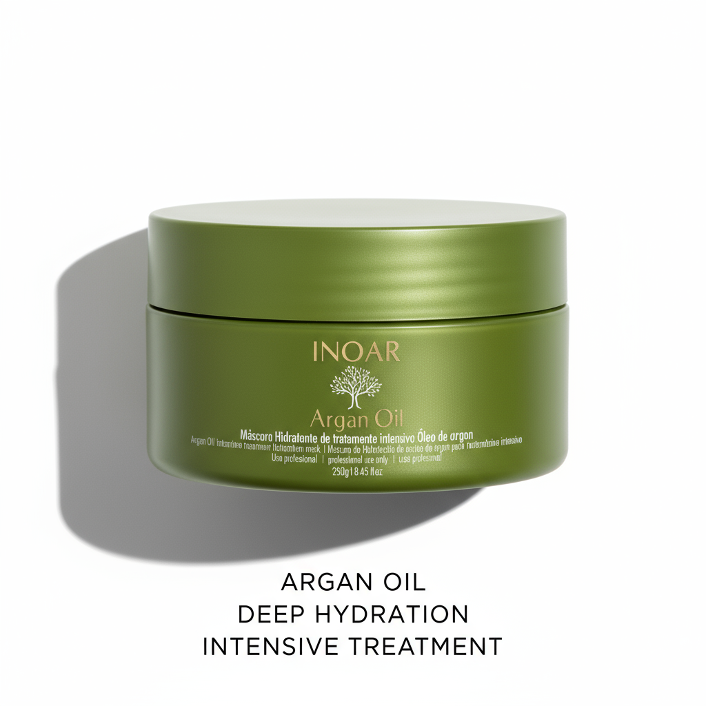 Inoar Argan Moisture Mask in green jar for deep hydration and intensive hair treatment